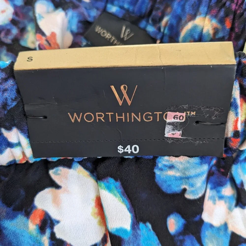 NWT Worthington Blue White Floral Mid Rise Pull On Pants Tapered Leg Sz Small S - Picture 6 of 9